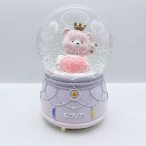 Boule de Neige Musicale & Lumineuse Ourson Royal "LOVE" – Rose & Mauve Pastel