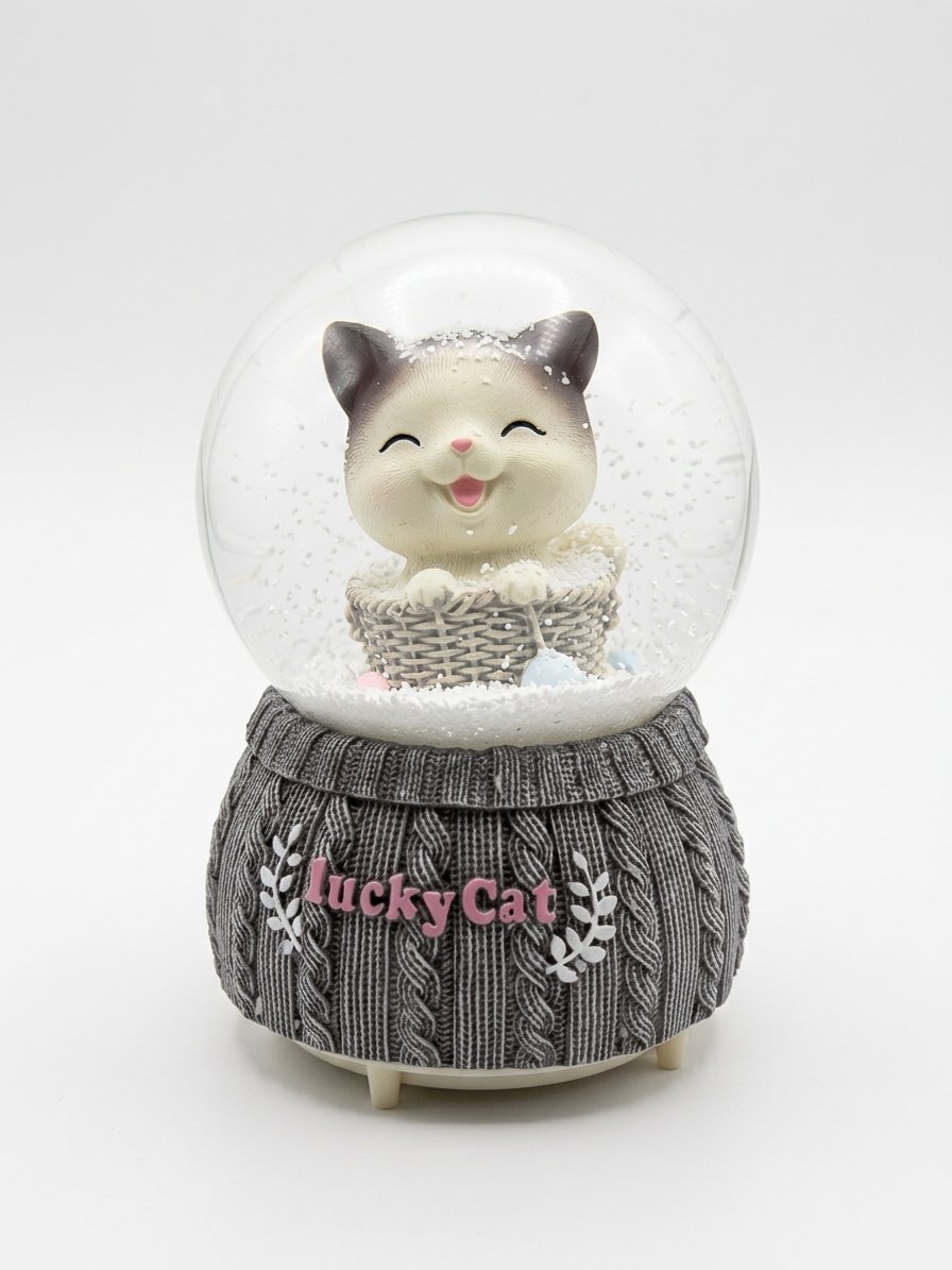Boule à Neige "Lucky Cat" – Chat Mignon & Socle Effet Tricot