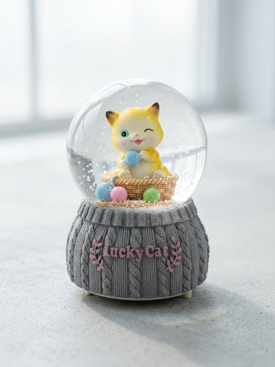 Boule à Neige "Lucky Cat" – Chaton Jaune & Socle Tricot Bordeaux