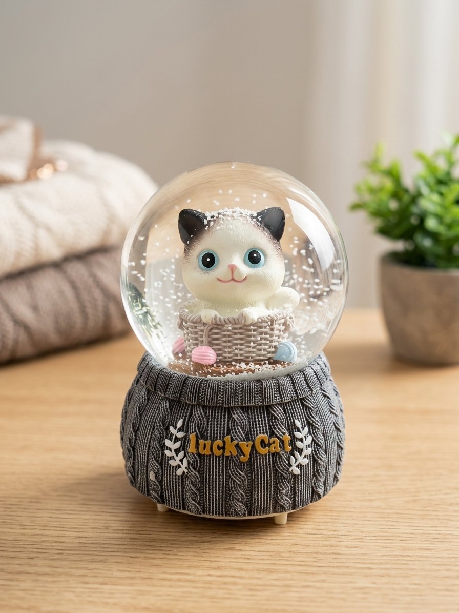Boule à Neige "Lucky Cat" – Chaton aux Yeux Bleus & Socle Tricot