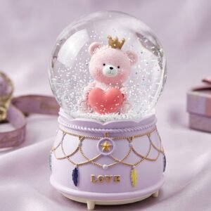 Boule à Neige "Love" – Ourson Rose Couronné & Socle Violet Féerique