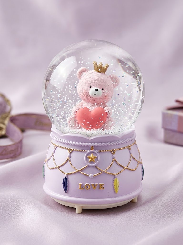 Boule à Neige "Love" – Ourson Rose Couronné & Socle Violet Féerique