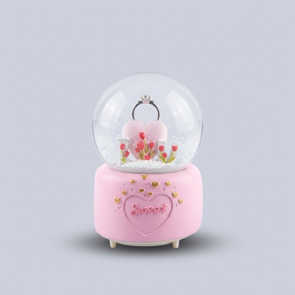 Boule à Neige Romantique "Sweet" – Bague Solitaire & Cœur de Tulipes