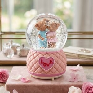 Boule à Neige Musicale Romantique "Noursons Amoureux" – Socle Matelassé Rose
