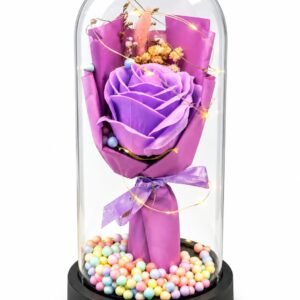 Rose Éternelle Violette sous Cloche en Verre Lumineuse LED – Bouquet Romantique